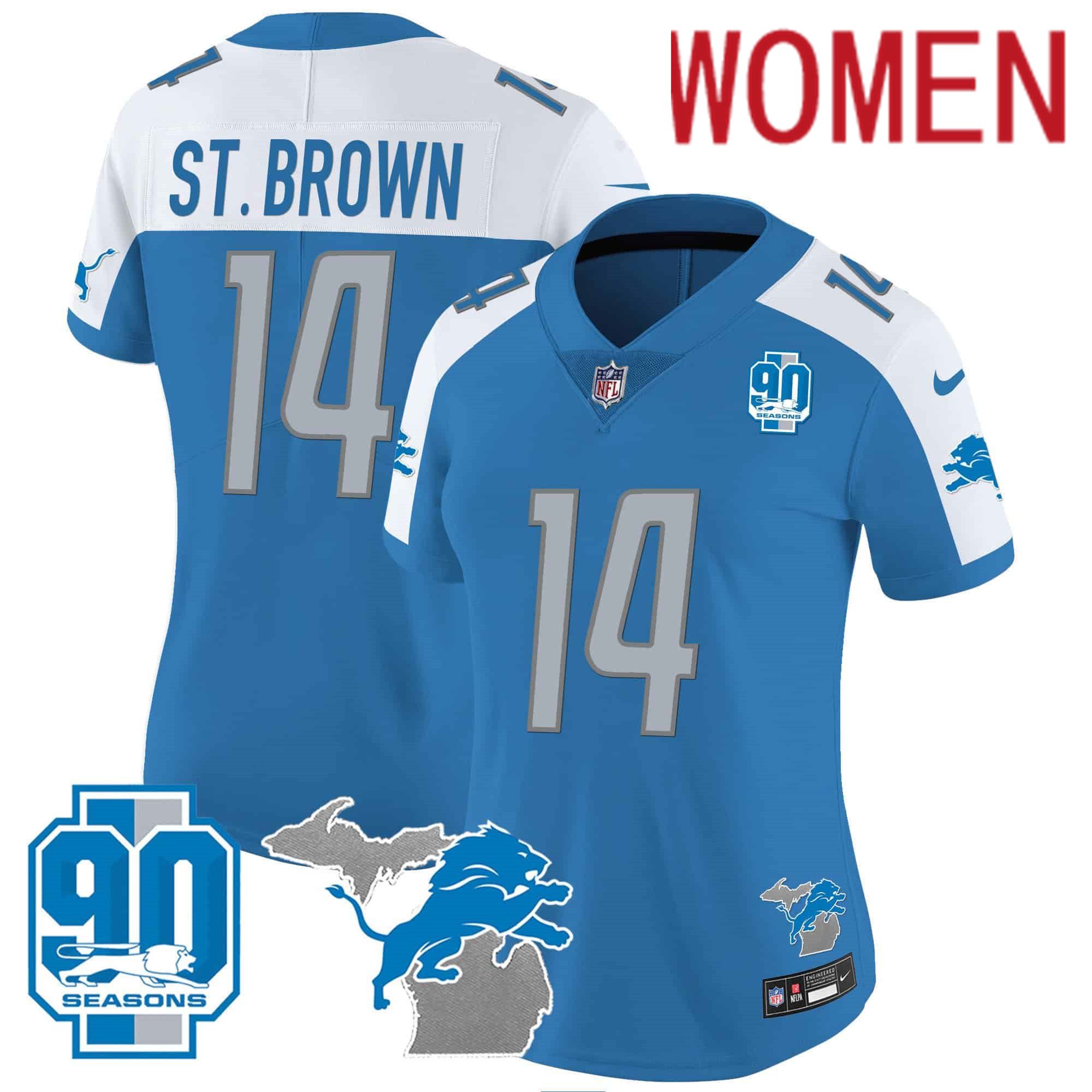 Women Detroit Lions 14 ST Brown Blue 2024 Nike 90th Year Michigan Patch Vapor NFL Jersey